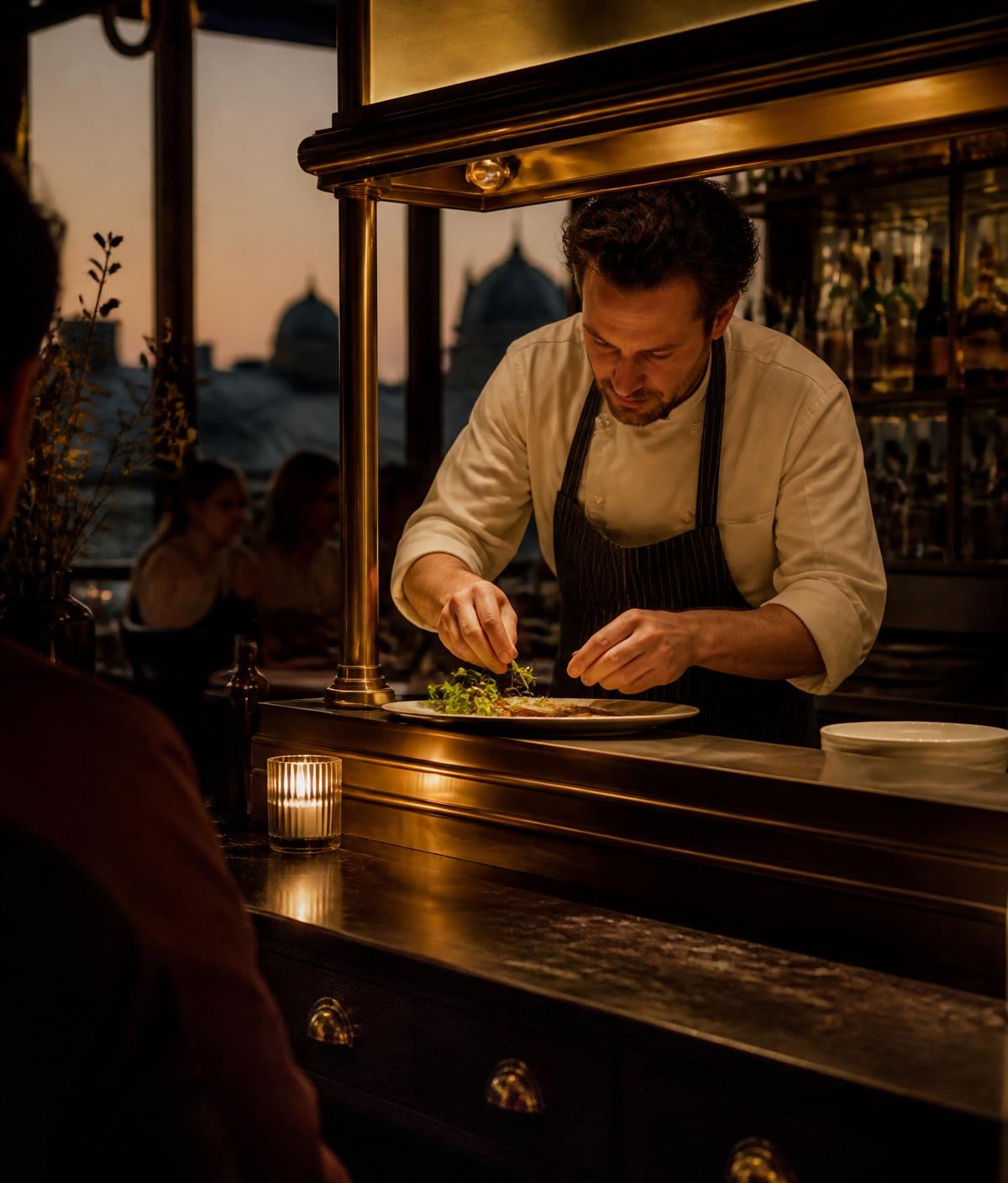 Chef finalizando um prato no balcão do Pampa & Brasa ao entardecer
