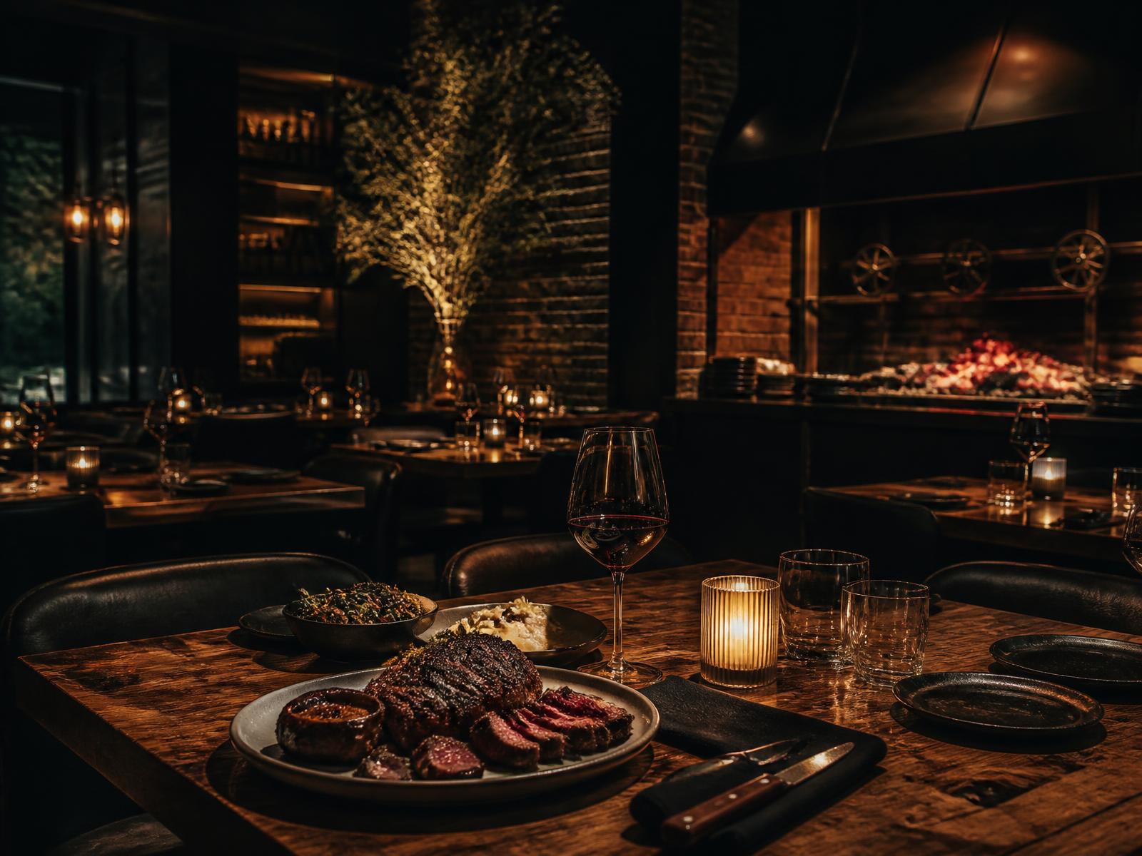 Salão do Pampa & Brasa iluminado por velas com a brasa acesa ao fundo